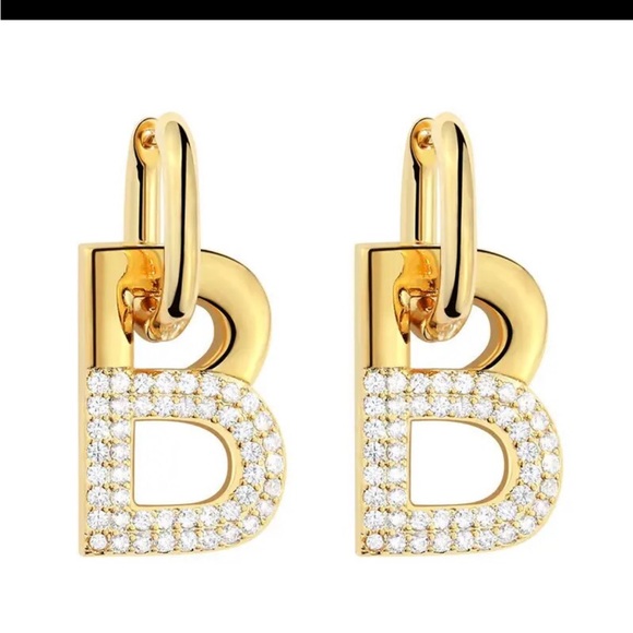 Gold Plated “B” Earrings with Rhinestones - Picture 4 of 6